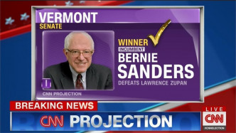 曾与希拉里竞逐民主党总统候选人提名的桑德斯，料顺利于参议院连任。（CNN电视画面 )