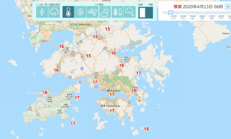 天文台自動分區天氣預報，清晨6時，新界的氣溫普遍已經回升至15至17度。