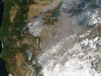卫星图像显示山火浓烟吹向东岸。AP图