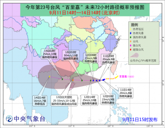 中央氣象台預測「百里嘉」登陸海南島東部至廣東西部沿海。