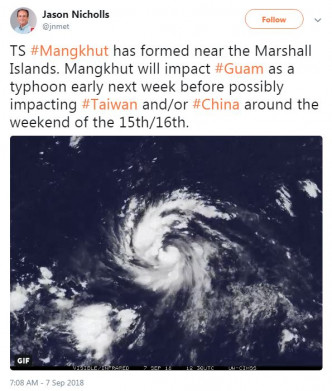 尼科尔斯在其twitter分析指，预测在下周末（15日)至周日（16日）左右可能吹袭中国或台湾。