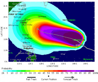 120小时烈风概率图。Tropical Storm Risk图