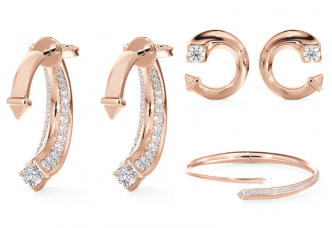 18K玫瑰金密镶美钻耳环，售价由$24,500起，18K玫瑰金单颗美钻耳环（迷你版），售价由$11,400起。18K玫瑰金密镶美钻手镯，售价由$43,900起。