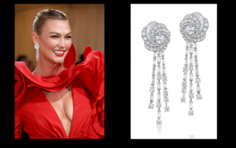 超模Karlie Kloss以一身紅色晚裝配以一雙De Beers的Aria高級珠寶系列白金鑲鑽石耳環(共19.47卡),價值$1,375,000。