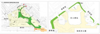 观塘市中心项目设有盖行人走廊连接港铁站（左图），地面建筑物亦会从周边的道路向后移，腾出空间作较宽阔的行人道（右图、绿色范围）。韦志诚网志