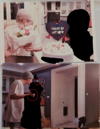 網民搜出疑點，燦烈這自拍照，帽子Logo都反了，但慶祝拍拖3周年的蛋糕牌沒反；親吻照沒可能掐著女生的頸這麼幼，還露出結他手柄。