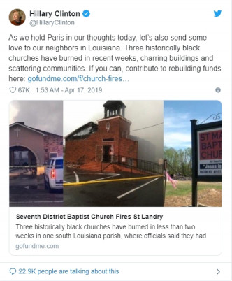 前國務卿希拉莉提醒美國早前也有教堂遭焚毀。Twitter
