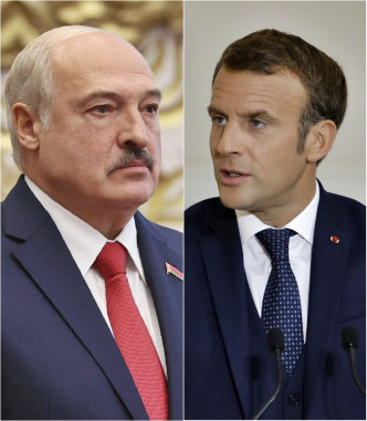 法國總統馬克龍（右）接受訪問表示白俄總統盧卡申科必須下台，盧卡申科（左）則反指法國同樣示威不斷。AP資料圖片