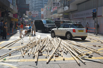 马路上有大量竹枝。