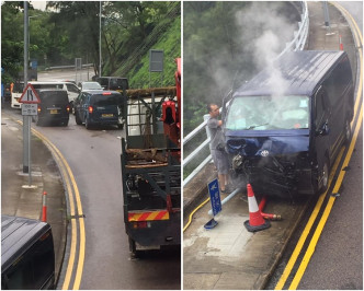 客貨車車頭損毀不斷冒出白煙。圖：網民Bik Li