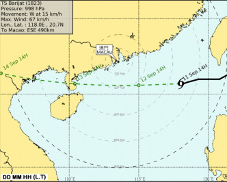 预测澳门明早悬挂3号风球机会高，晚间悬挂8号风球机会中等。气象局图片