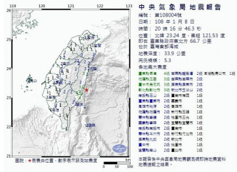 台灣東部海域發生規模5.3地震。中央氣象局圖片