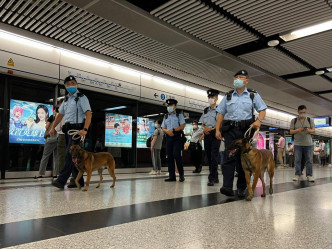 警方带同警犬在各个港铁站巡逻。