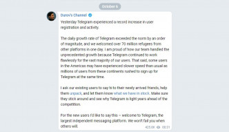 Telegram创办人杜洛夫「得戚」地表示接受大量其他平台的难民。 （网上图片）