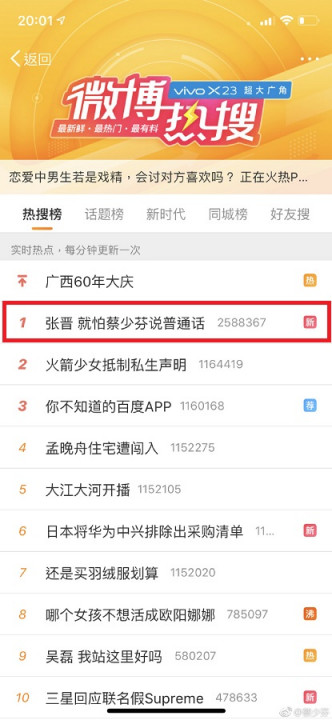 张晋怕老婆讲普通话的片段成热搜榜榜首。