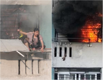 起火單位對面一名婦人爬出窗外；起火單位火勢猛烈。讀者提供
