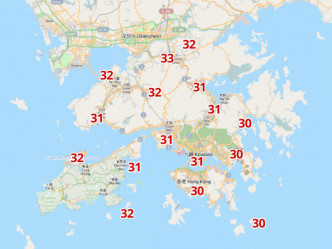 周日下午3時新界最高溫估計可達34度。天文台分區天氣預測