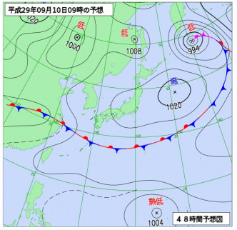 日本气象厅预测48小时后太平洋有热带低气压形成。网上图片