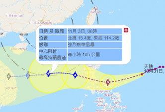 「天鵝」路徑圖。天文台截圖