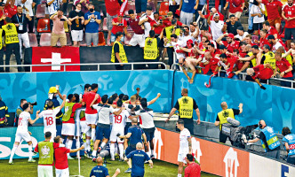 瑞士职球员赛后冲到角球旗的观众席，与众同乐。