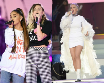 Ariana Grande与Miley Cyrus携手献声；Katy Perry出场演唱。（AP）