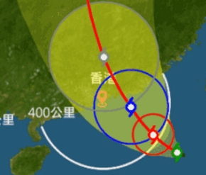 明早8时（红色）将会进入400公里范围。