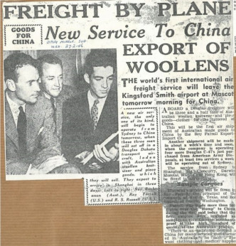 1946年國泰首個從澳洲飛往中國的貨運服務。國泰航空網頁相片