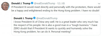 特朗普在twitter指，习近平若能与示威者会面，相信香港问题会有一个快乐和合意的结局。网上截图