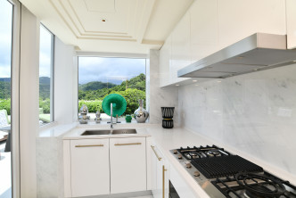 廚房同樣以白色為設計主調，設有窗戶外望翠綠山景。