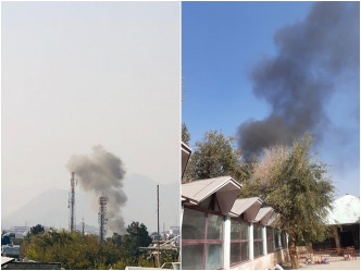 從遠處可見醫院爆炸後漂出的黑煙。互聯網圖片