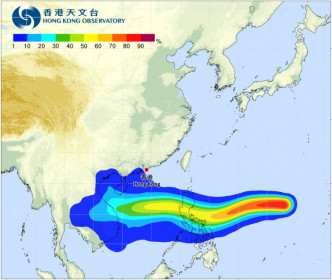 熱帶氣旋天鵝路徑概率預報。天文台截圖