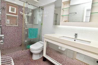 浴室铺有紫红色纸皮石，感觉优雅。