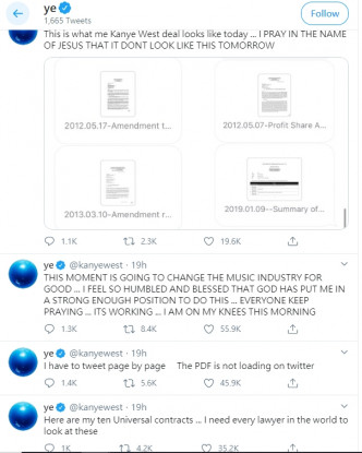Kanye在个人Twitter公开合约条款，邀请律师界人士帮手评理。