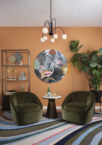 利用這款以100%羊毛製成的柔軟Ripple地氈裝飾地面，配以由Provocateur Art 特別為Indigo Living設計的Flamingo Sunrise 掛畫，一室藝術感。