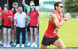 曾志伟为运动员打气；红队队长谭俊彦亲自落场跑400米。