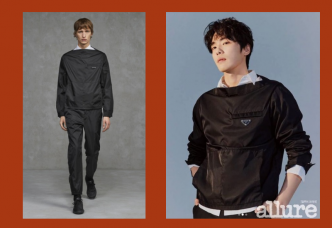 哲宗皇帝金正鉉（另譯：金正賢）為韓國時尚雜誌《Allure》擔任3月號封面主角，也穿上一身Prada春夏男裝。（白恤衫/$6,900、Re-Nylon Blouson Jacket/$13,200、Re-Nylon長褲/$9,450）