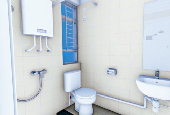 浴室內有搪瓷洗手盆及坐廁等基本衛浴用具。電腦模擬圖