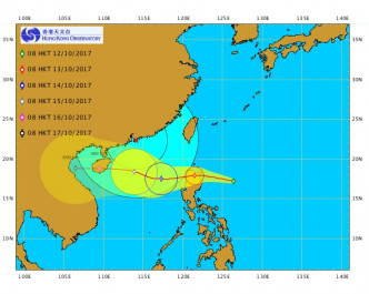 今晚至明早穿过或擦过吕宋岛北部后，向偏西方向移动。香港天文台图片