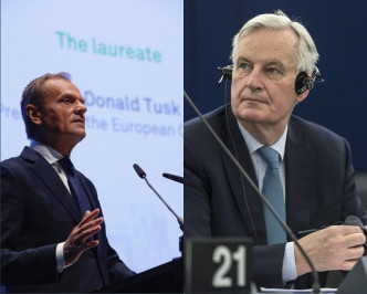 左：歐盟理事會主席圖斯克（Donald Tusk）;右：歐盟「脫歐」首席談判代表巴尼耶（ Michel Barnier）Twitter/AP