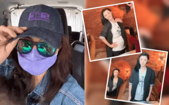 張栢芝被傳媒追訪，她上車後抱著細仔自拍片澄清沒懷孕。