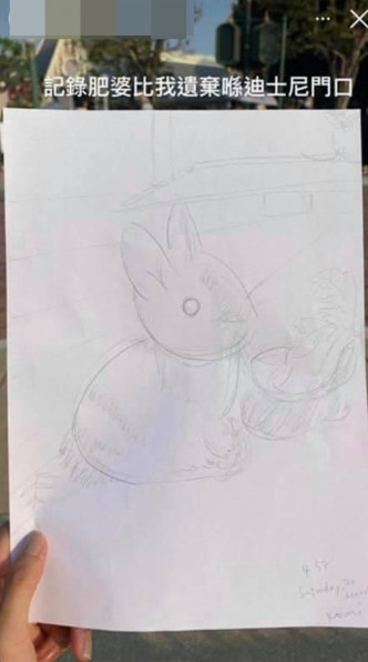 女主人上载了一张兔兔的手绘画，并留言，「记录肥婆比我遗弃喺迪士尼门口。」网图