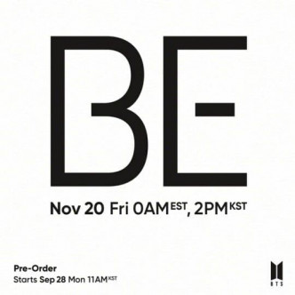 防弹少年团将于11月20日携《BE (Deluxe Edition)》回归。