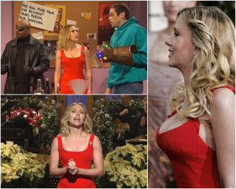史嘉莉在節目中的紅裙，令人想起她多年前的超性感火紅金球獎戰衣。