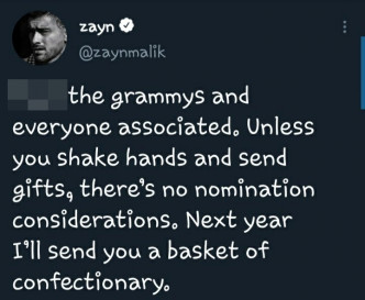 Zayn Malik日前亦爆粗鬧格林美。