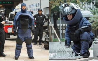 劉青雲穿上厚厚的防爆衣處理恐怖分子的炸彈威脅。