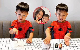 胡杏儿的3岁大仔Brendan化身蜘蛛侠变魔术，网民大赞好可爱。