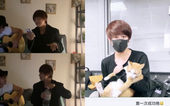 身在台灣的姜濤開Live，又上載了成功抱肥貓的照片，但太緊張下變了叮噹手。