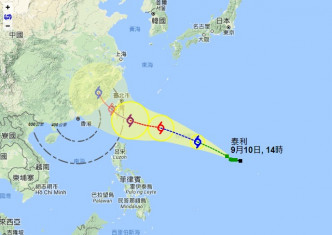 根据天文台最新的路径图显示，「泰利」将于周二升级为台风，并在周三变成超强台风。