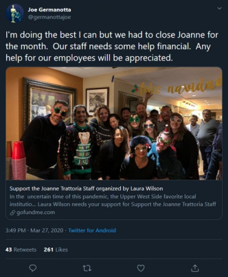 Joe Germanotta于众筹网GoFundMe留言，希望筹得50,000美元，以支付员工两星期薪金。