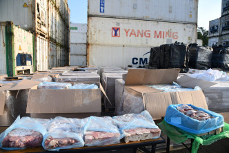 警方在货柜场内发现200多个非法冻柜，初步点算合共藏有5600公吨冻肉。